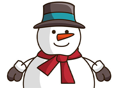 Illustration of a smiling snowman wearing a black hat with a blue band, a red scarf, and brown gloves on a white background.